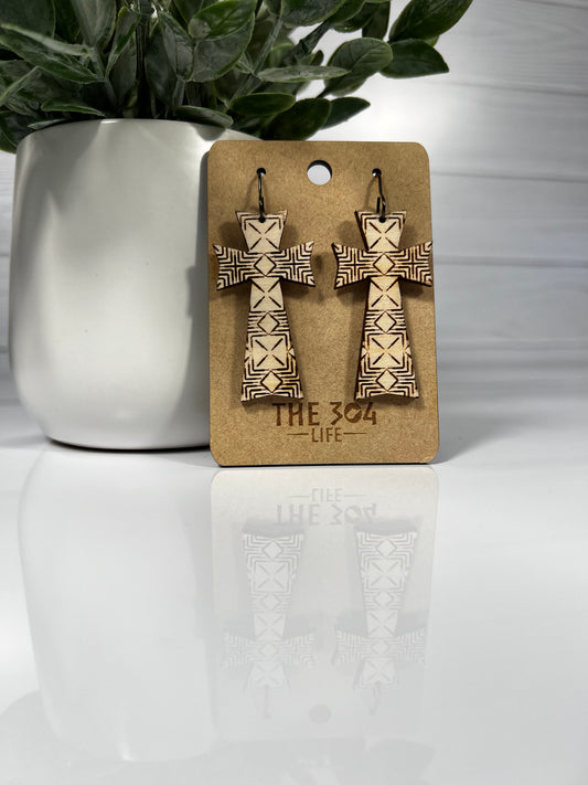 Boho Inspired Wood Cross Earrings with Intricate Laser Engraved Square X Design