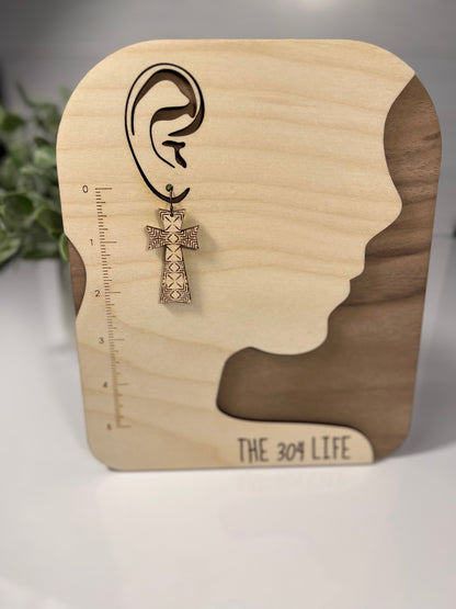 Boho Inspired Wood Cross Earrings with Intricate Laser Engraved Square X Design