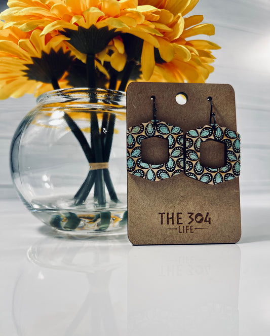 Abstract Bloom Hex Wooden Laser-Engraved Earrings with a Pop of Color